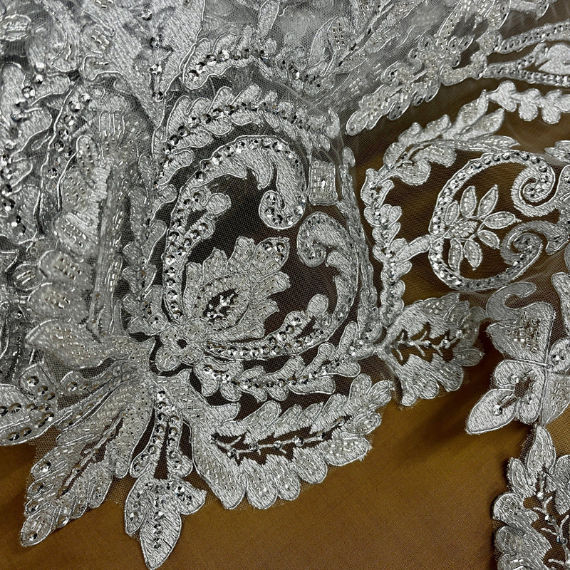 Beaded & Corded Bridal Lace Fabric Embroidered on 100% Polyester Net Mesh | Lace USA - 96996W-HB