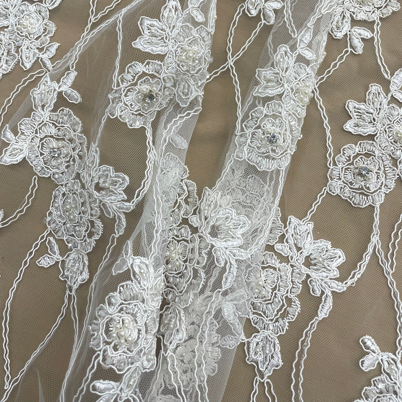 Beaded & Corded Bridal Fabric Lace Embroidered on 100% Polyester Net Mesh | Lace USA - GD-381