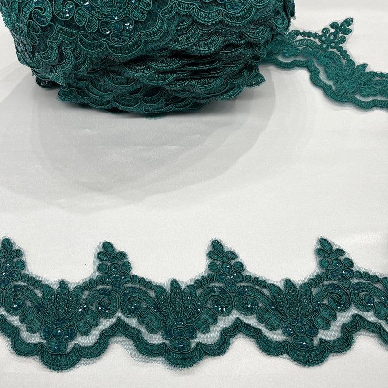 Beaded & Corded Lace Trimming Embroidered on 100% Polyester Net Mesh | Lace USA - KZ-34W-HB