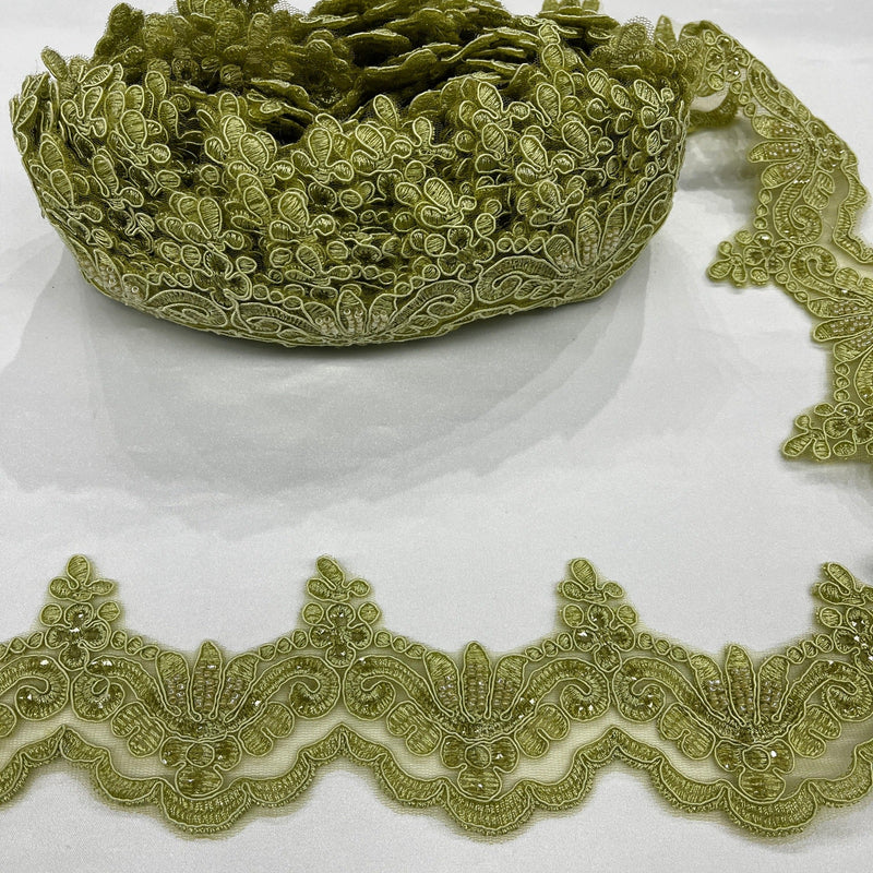 Beaded & Corded Lace Trimming Embroidered on 100% Polyester Net Mesh | Lace USA - KZ-34W-HB