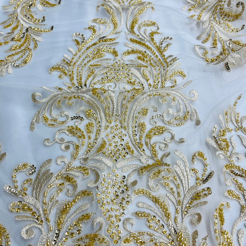 Beaded Lace Fabric Embroidered on 100% Polyester Net Mesh | Lace USA - GD-13267