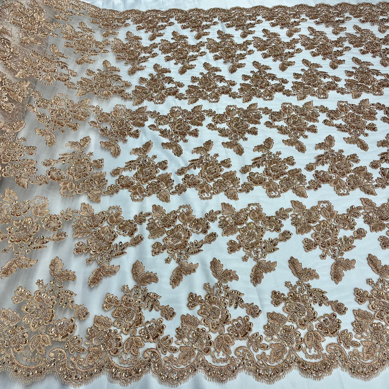 Beaded & Corded Bridal Lace Fabric Embroidered on 100% Polyester Net Mesh | Lace USA - 95409W-HB