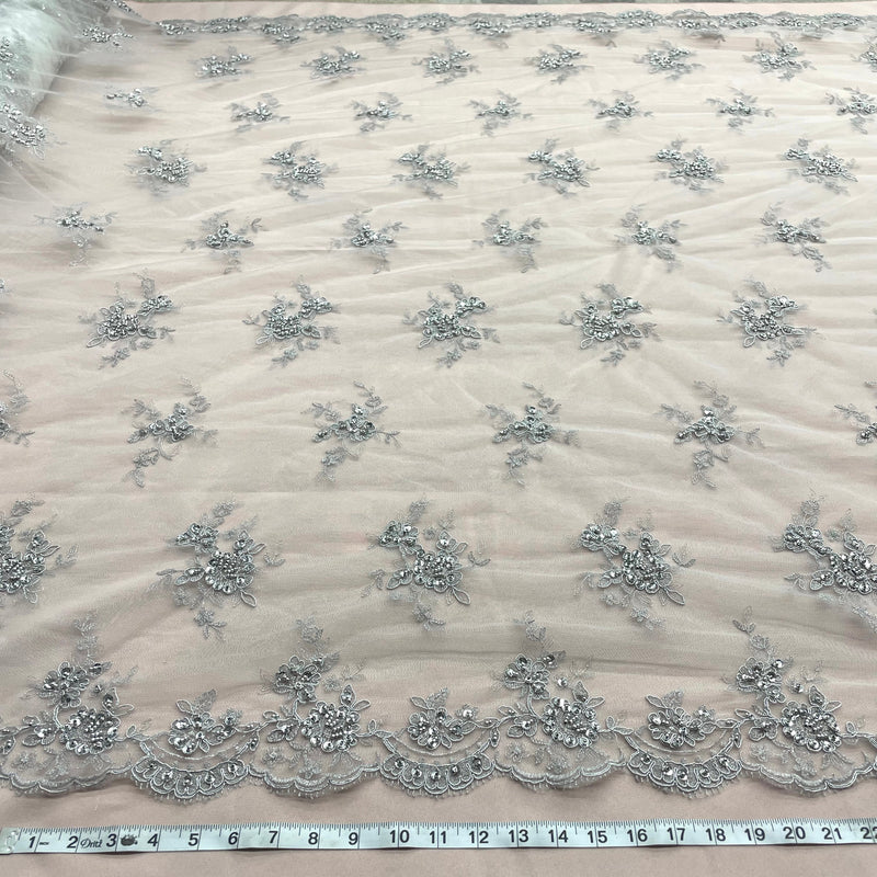 Beaded & Corded Bridal Lace Fabric Embroidered on 100% Polyester Net Mesh | Lace USA - 96519W-BP