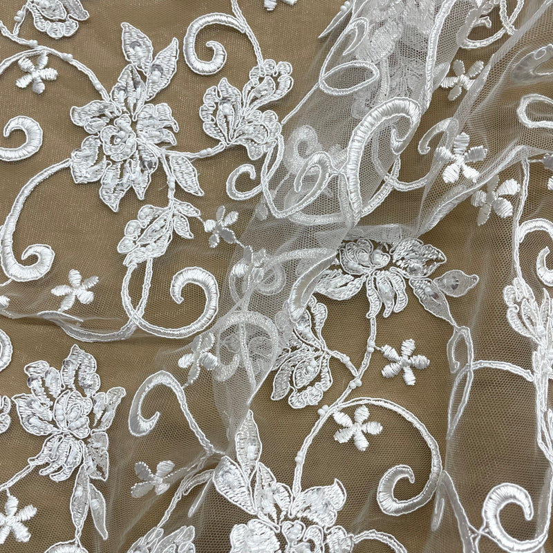 Beaded & Corded Bridal Fabric Lace Embroidered on 100% Polyester Net Mesh | Lace USA - 95488W-BP