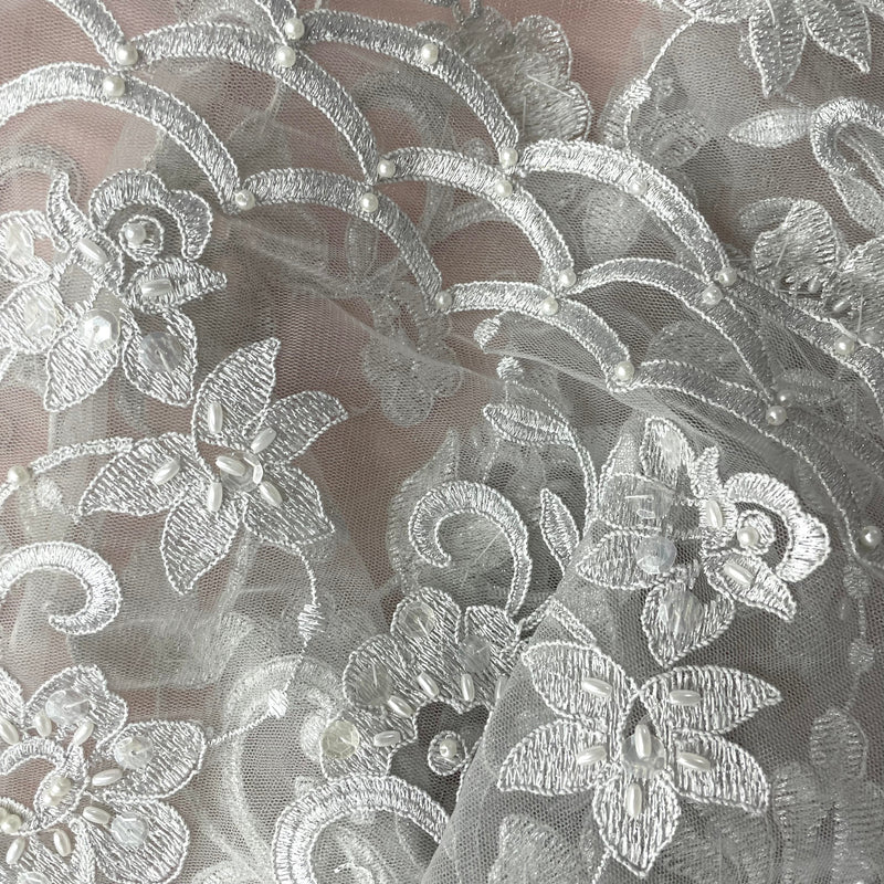 Beaded & Corded Bridal Fabric Lace Embroidered on 100% Polyester Net Mesh | Lace USA - 95488W-BP