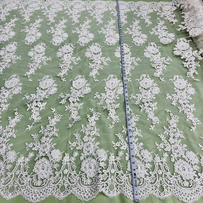 Beaded & Corded Bridal Lace Fabric Embroidered on 100% Polyester Net Mesh | Lace USA - 96989W-HB