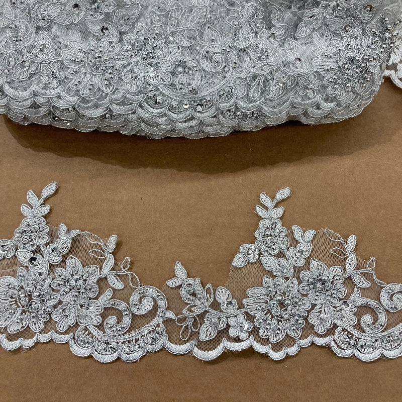 Beaded & Corded Lace Trimming Embroidered on 100% Polyester Organza | Lace USA - 96796W-BP