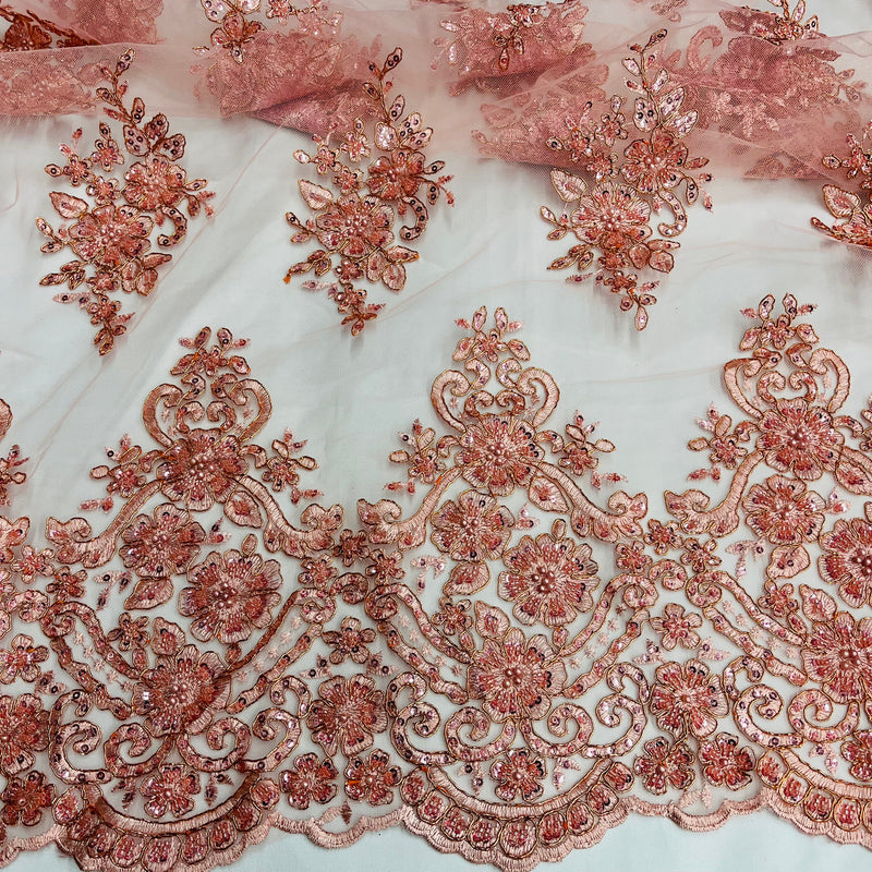 Beaded Corded Lace Fabric With Scallops Embroidered on 100% Poly Metallic | Lace USA - GD-1245