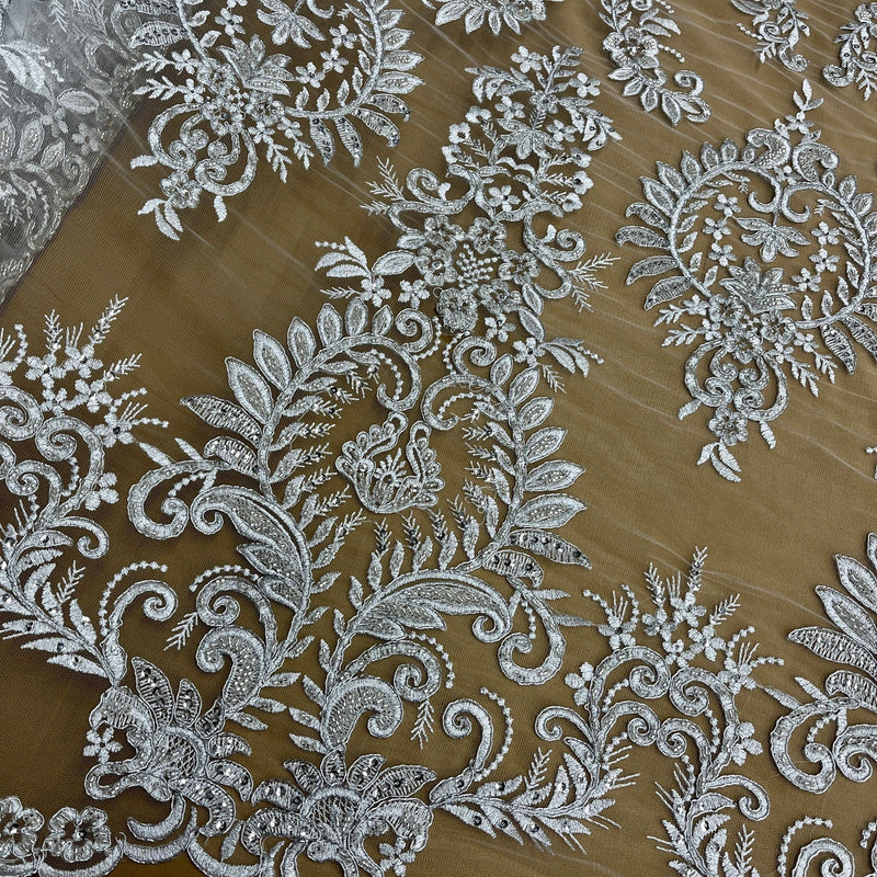 Beaded & Corded Bridal Lace Fabric Embroidered on 100% Polyester Net Mesh | Lace USA - 97160W-HB