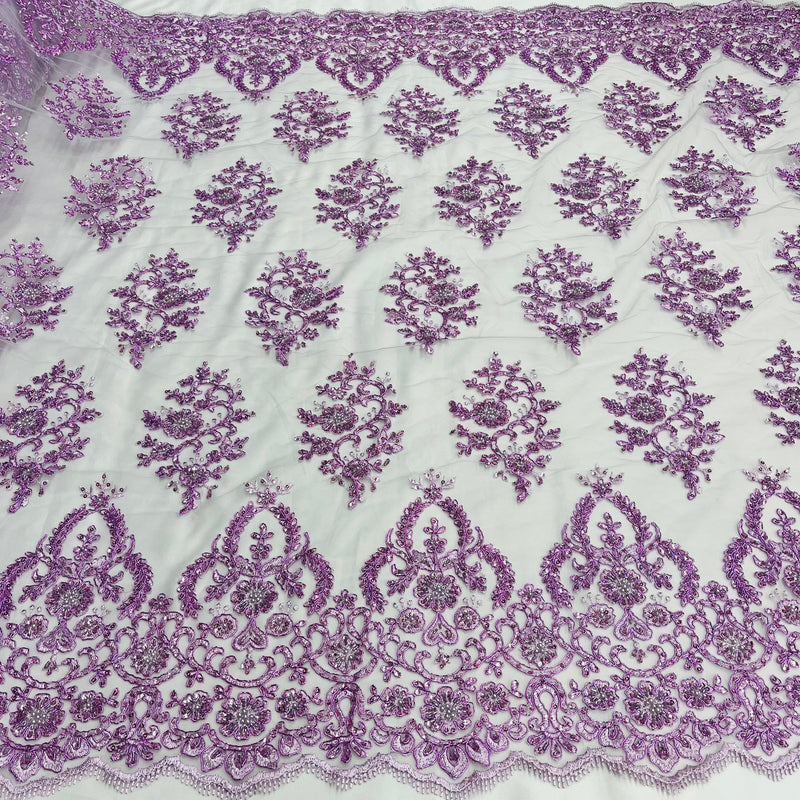 Beaded & Corded Bridal Lace Fabric Embroidered on 100% Polyester Net Mesh | Lace USA - GD-2257