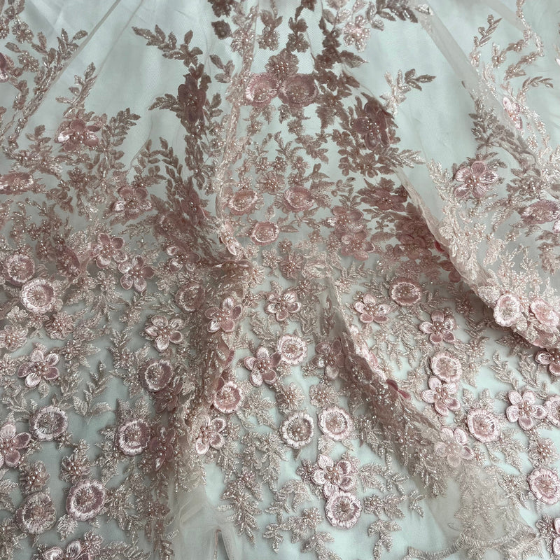 Beaded 3D Floral Lace Fabric Embroidered on 100% Polyester Net Mesh | Lace USA - GD-2015