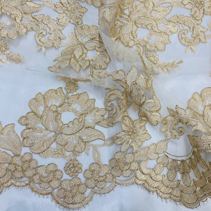 Double Sided Floral Lace Trimming Corded Embroidered on 100% Poly. Net Mesh | Lace USA - 97129W/2