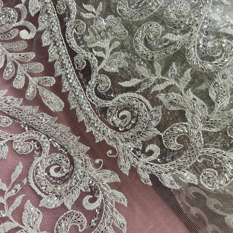 Beaded Lace Fabric Embroidered on 100% Polyester Net Mesh | Lace USA - GD-12152