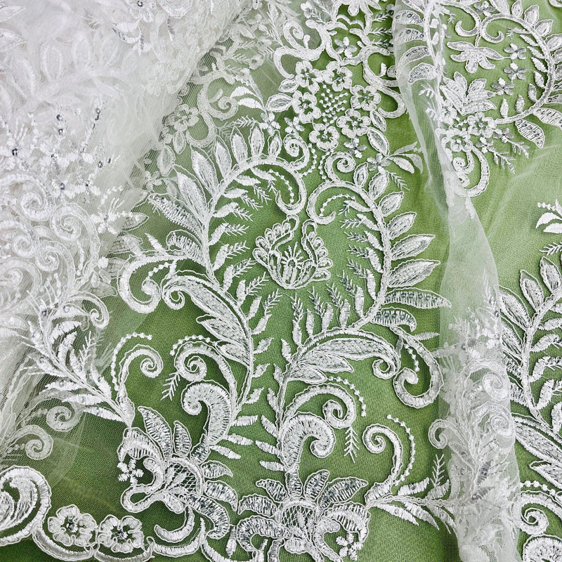 Beaded & Corded Bridal Lace Fabric Embroidered on 100% Polyester Net Mesh | Lace USA - 97160W-HB