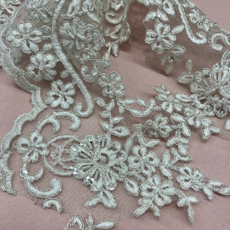 Beaded & Corded Floral Lace Trimming Embroidered on 100% Polyester Net Mesh | Lace USA - 96216W-HB