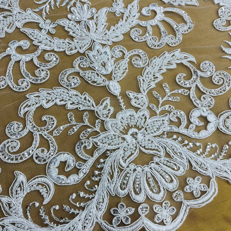 Beaded & Corded Bridal Lace Fabric Embroidered on 100% Polyester Net Mesh | Lace USA - GD-55518