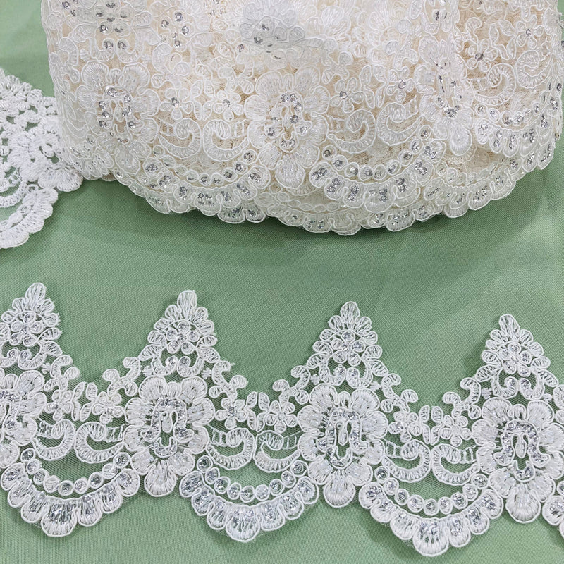 Beaded & Corded Lace Trimming Embroidered on 100% Polyester Net Mesh | Lace USA - KZ-10