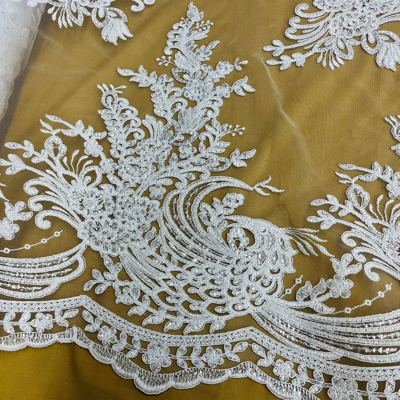 Beaded & Corded Bridal Lace Fabric Embroidered on 100% Polyester Net Mesh | Lace USA - 97141W-SB