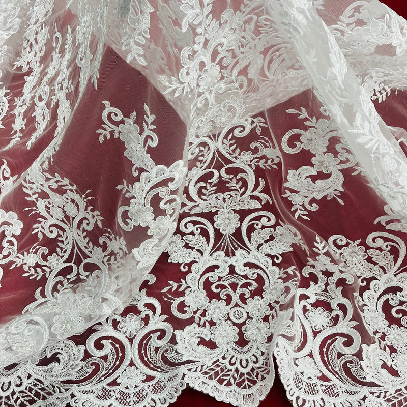 Ethereal Elegance: Beaded & Corded Bridal Lace Fabric on Polyester Net Mesh| Lace USA - 97213W-SB