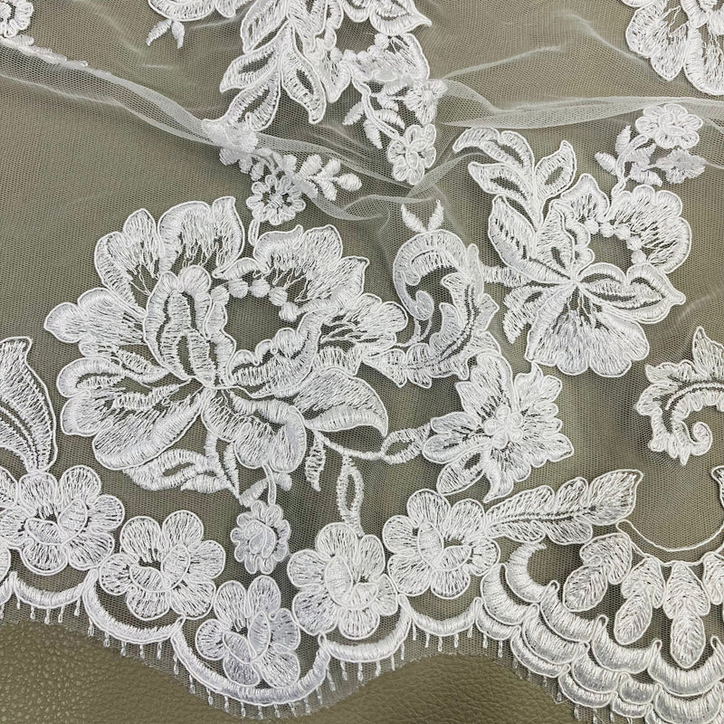 Double Sided Floral Lace Trimming Corded Embroidered on 100% Poly. Net Mesh | Lace USA - 97129W/2