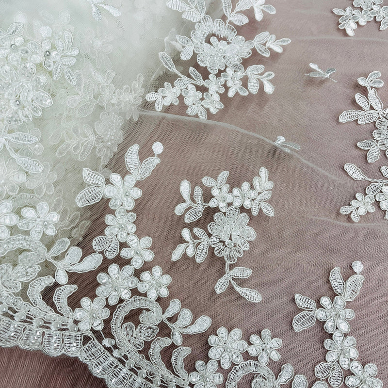 Beaded & Corded Bridal Lace Fabric Embroidered on 100% Polyester Net Mesh | Lace USA - 91436W-BP