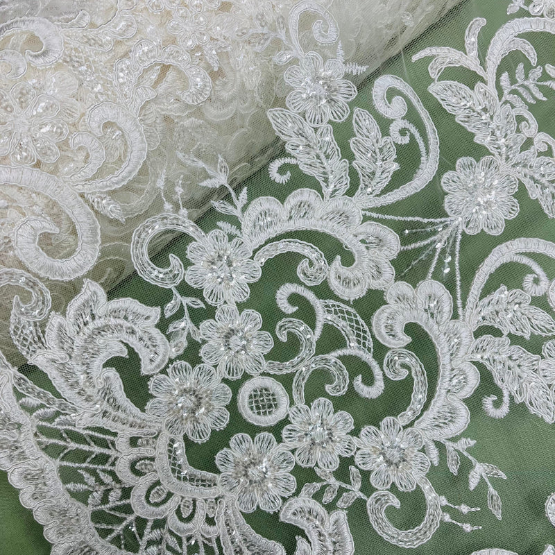 Ethereal Elegance: Beaded & Corded Bridal Embroidered Lace Fabric on Polyester Net Mesh| Lace USA - 97213W-SB