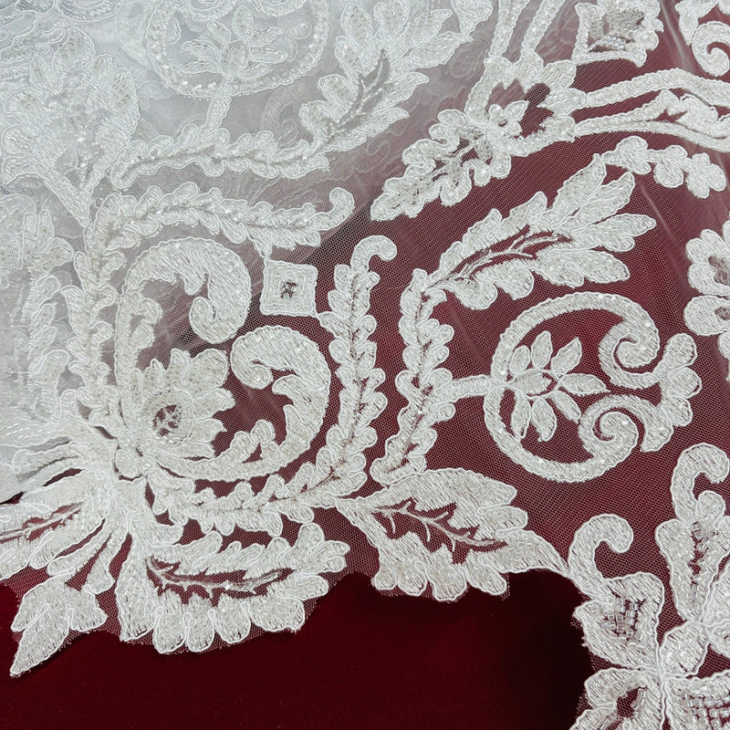 Beaded & Corded Bridal Lace Fabric Embroidered on 100% Polyester Net Mesh | Lace USA - 96996W-HB