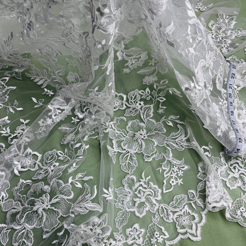 Corded Bridal Lace Fabric Embroidered on 100% Polyester Net Mesh | Lace USA - 97126W