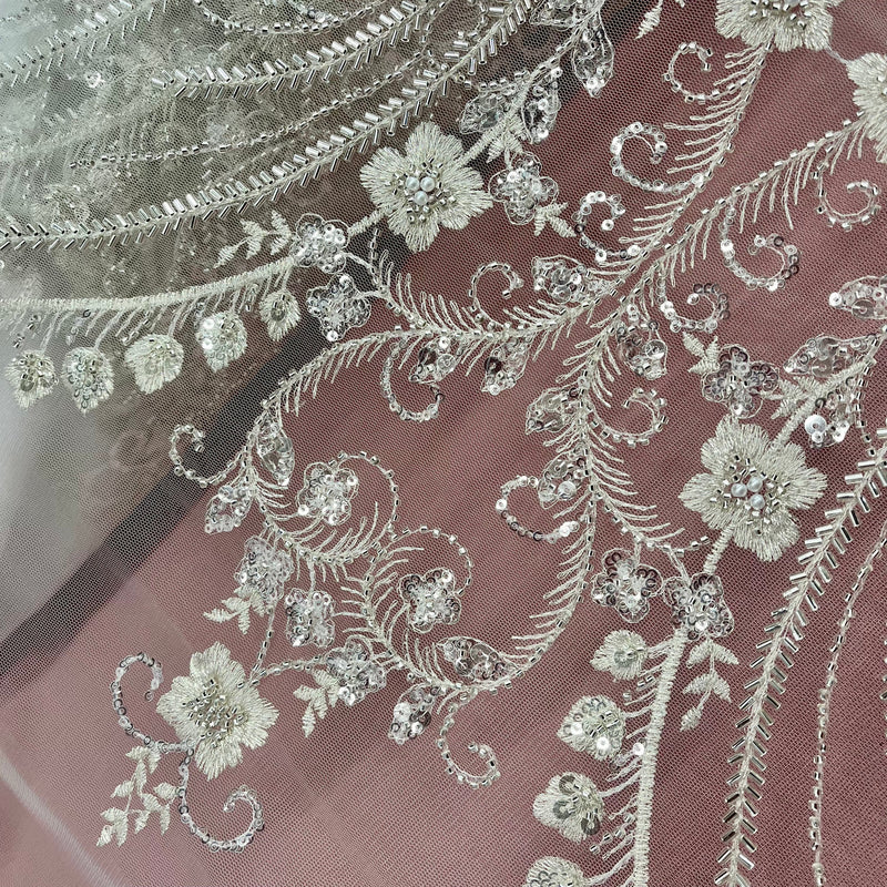 Beaded Lace Fabric Embroidered on 100% Polyester Net Mesh | Lace USA - GD-220702