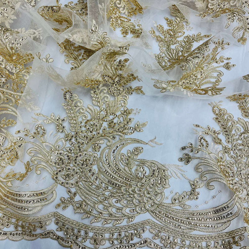 Beaded & Corded Bridal Lace Fabric Embroidered on 100% Polyester Net Mesh | Lace USA - 97141W-SB