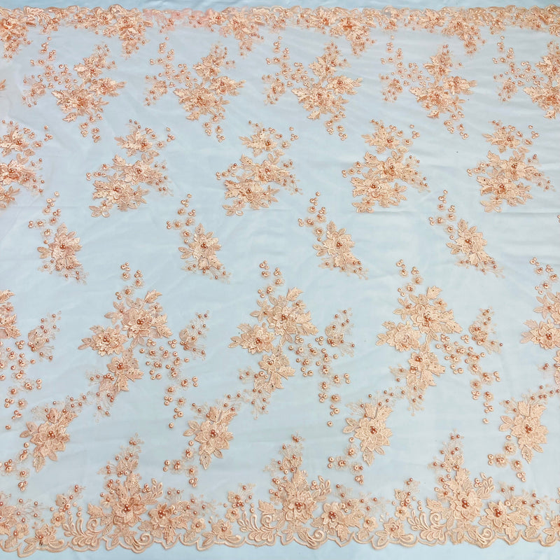 Beaded 3D Floral Lace Fabric Embroidered on 100% Polyester Net Mesh | Lace USA - GD-031