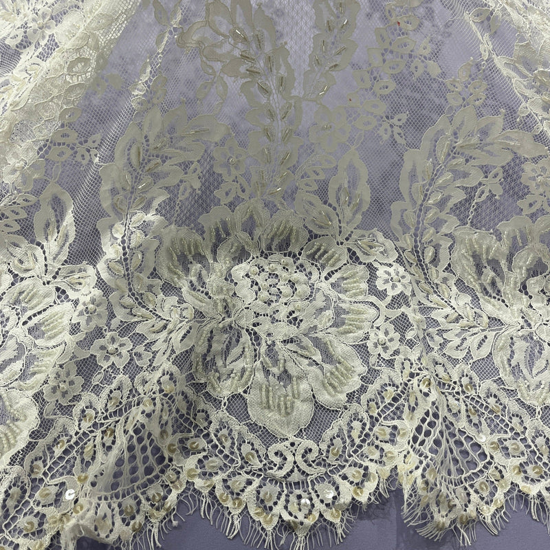 Beaded Chantilly Embroidered Lace Fabric with Eyelash Scallop | Spandex Palace - GD-316