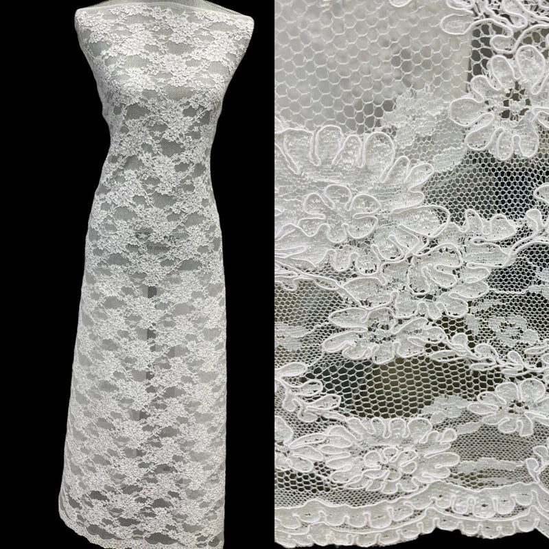 Corded Bridal Lace Fabric Embroidered on 100% Polyester Net Mesh | Lace USA - 95994W