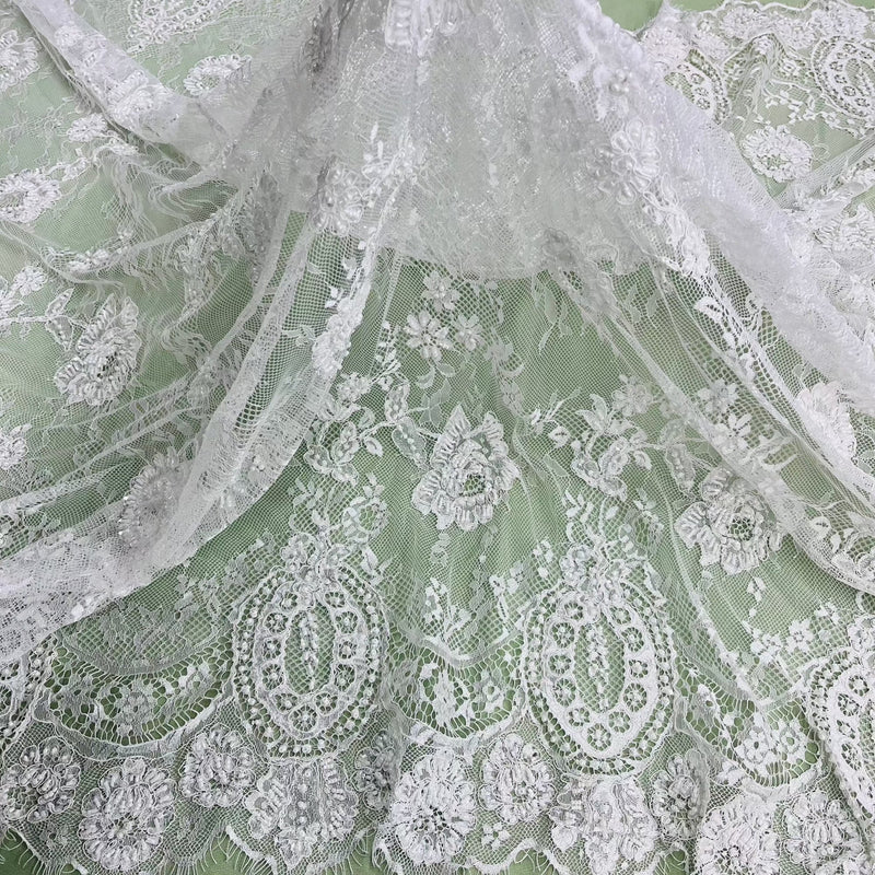 3 Yards Precut Beaded & Corded Chantilly Floral Lace Fabric Embroidered on 100% Polyester Net Mesh | Lace USA - 97143W-BP