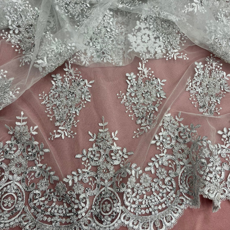 Beaded & Corded Lace Fabric Embroidered on 100% Polyester Net Mesh | Lace USA - 97019W-HB