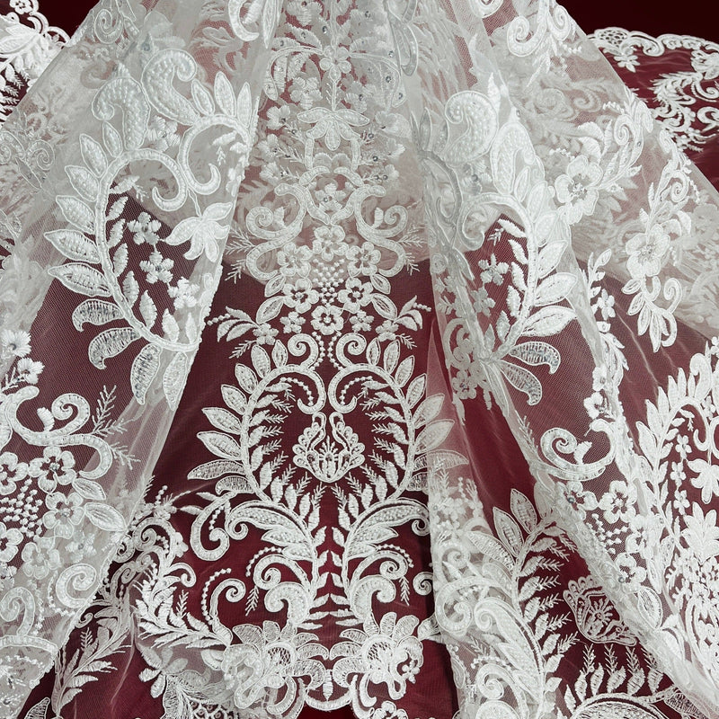 Beaded & Corded Bridal Lace Fabric Embroidered on 100% Polyester Net Mesh | Lace USA - 97160W-HB