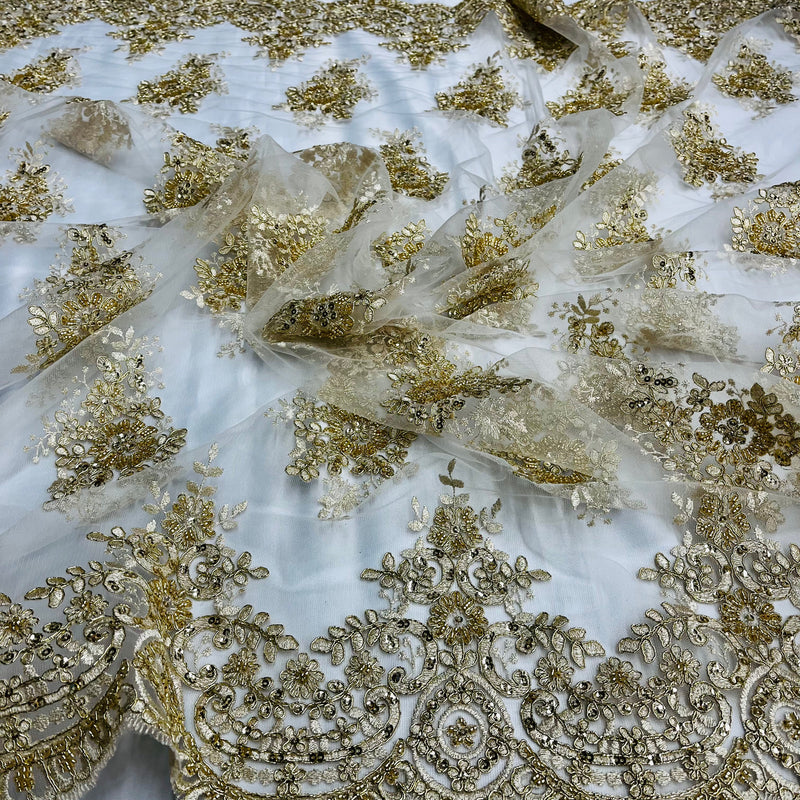 Beaded & Corded Lace Fabric Embroidered on 100% Polyester Net Mesh | Lace USA - 97019W-HB