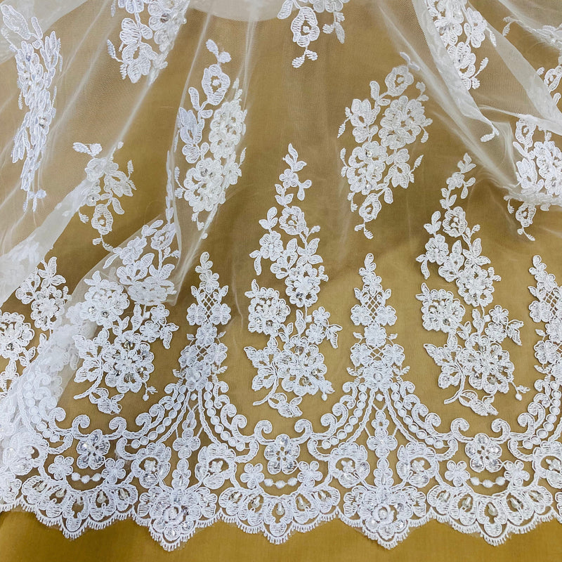 Beaded & Corded Lace Fabric Embroidered on 100% Polyester Net Mesh | Lace USA - 96784W-BP