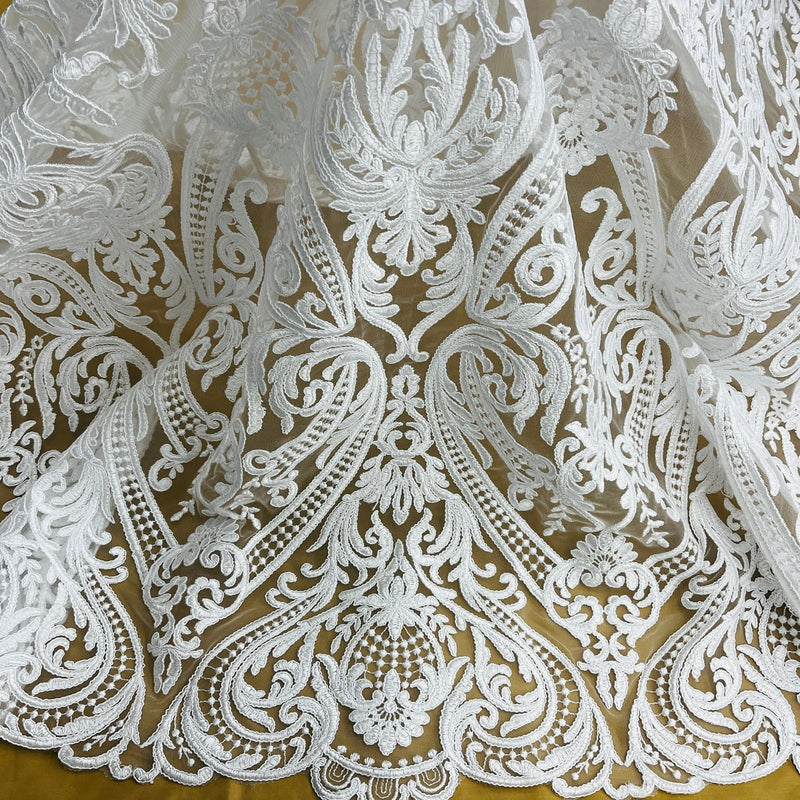 Corded Bridal Lace Fabric Embroidered on 100% Polyester Net Mesh | Spandex Palace- 97086W