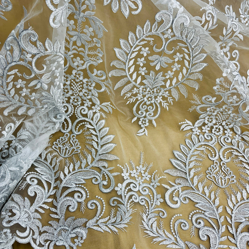 Corded Bridal Lace Fabric Embroidered on 100% Polyester Net Mesh | Lace USA - 97160W