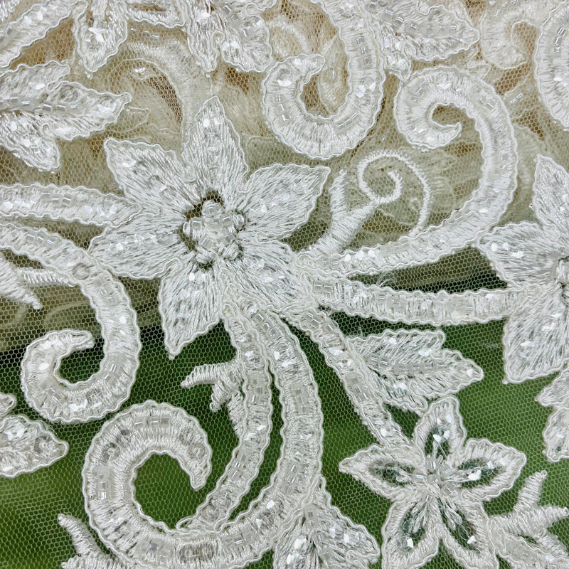 Beaded & Corded Bridal Fabric Lace Embroidered on 100% Polyester Net Mesh | Lace USA - 97219W-HB