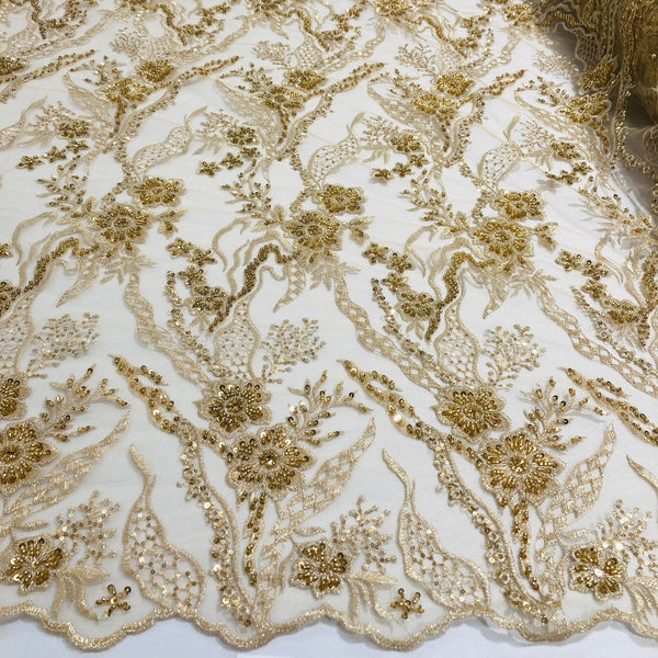 Beaded Lace Fabric Embroidered on 100% Polyester Net Mesh | Lace USA - GD-2162