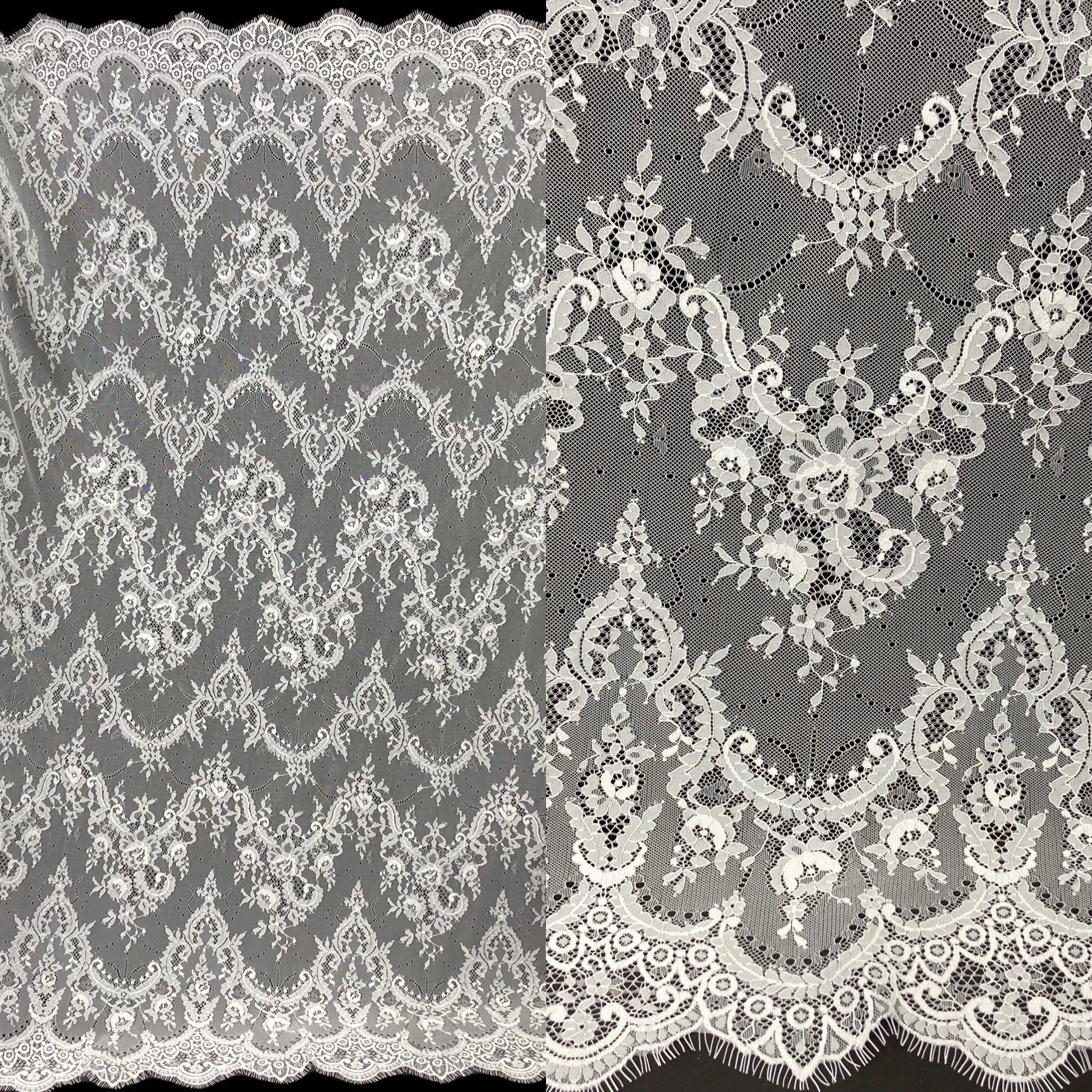 Chantilly Embroidered Lace Fabric with Eyelash Scallop - 3 Yards | Lace USA - 68124W