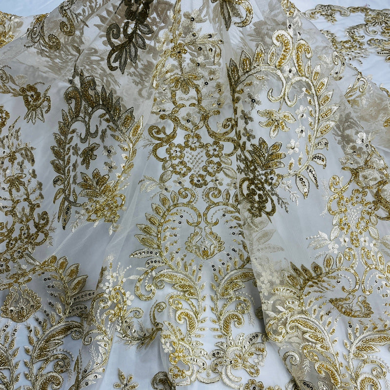 Beaded & Corded Bridal Lace Fabric Embroidered on 100% Polyester Net Mesh | Lace USA - 97160W-HB