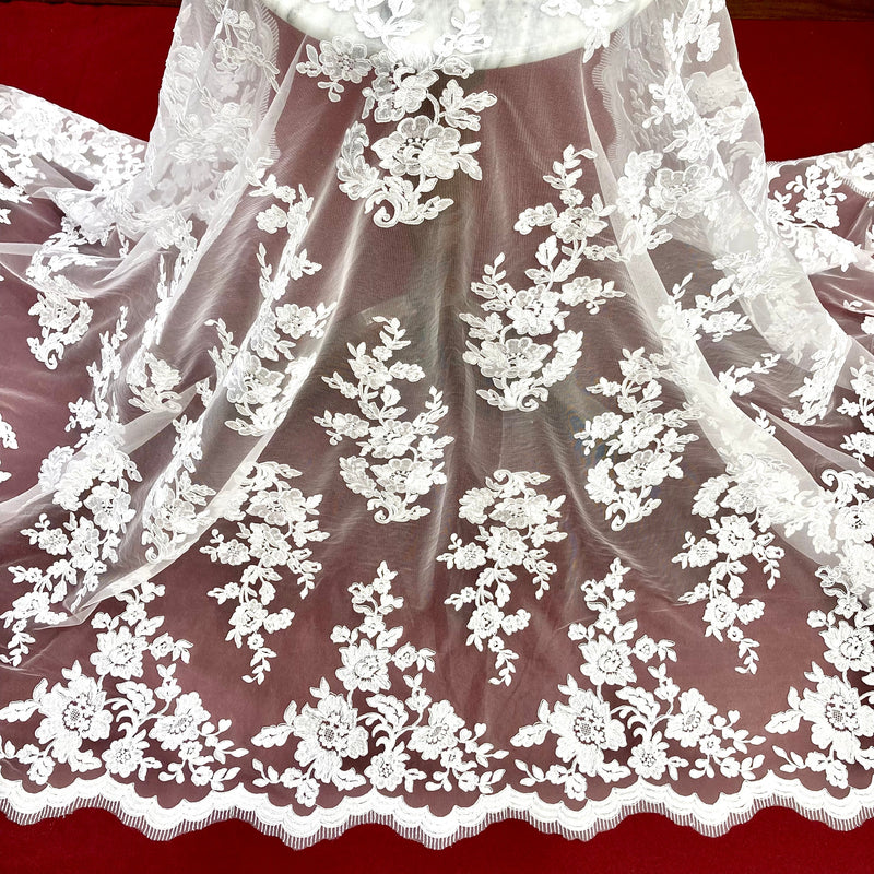 Corded Bridal Lace Fabric Embroidered on 100% Polyester Net Mesh | Lace USA - 97145W