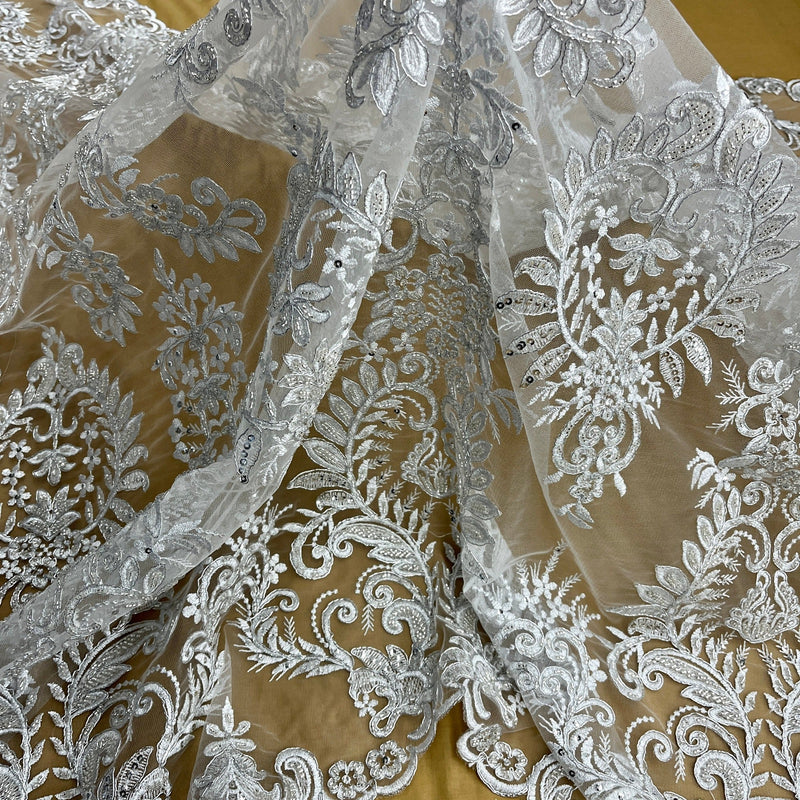 Beaded & Corded Bridal Lace Fabric Embroidered on 100% Polyester Net Mesh | Lace USA - 97160W-HB