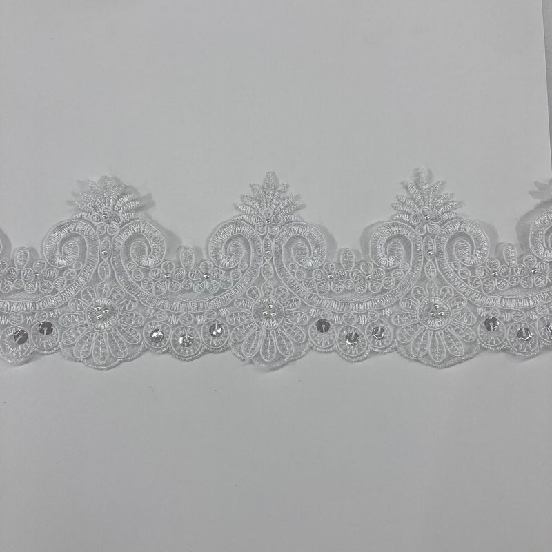 Beaded & Corded Lace Trimming Embroidered on 100% Polyester Net Mesh | Lace USA - 97120W-BP