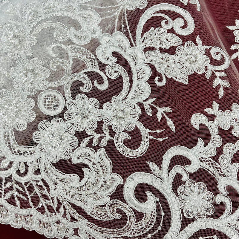 Ethereal Elegance: Beaded & Corded Bridal Embroidered Lace Fabric on Polyester Net Mesh| Lace USA - 97213W-SB