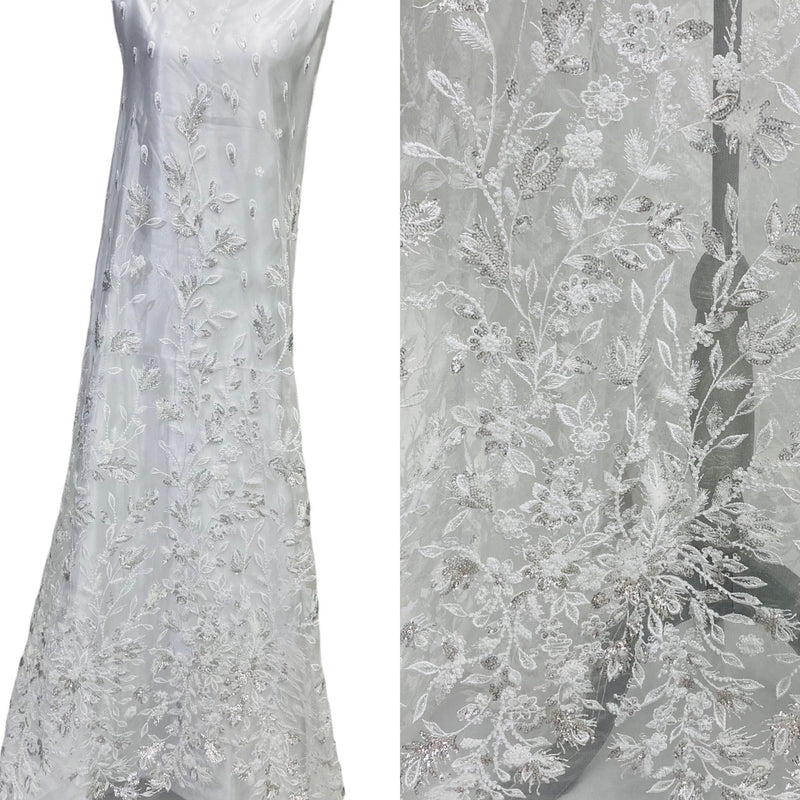 Beaded & Sequined Lace Fabric Embroidered on 100% Polyester Net Mesh | Lace USA - GD-67613