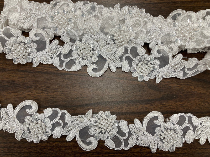 Beaded & Corded Lace Trimming Embroidered on 100% Polyester Organza | Lace USA - 95114N-BP